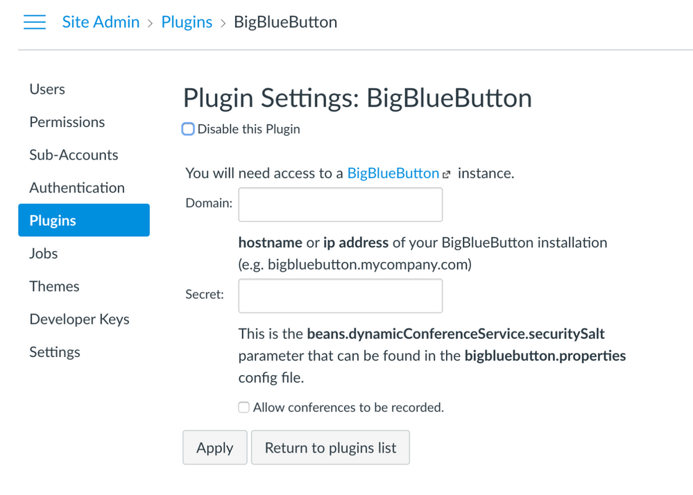 Canvas BigBlueButton Plugin Configuration
